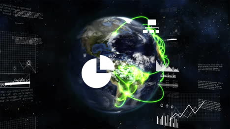 Animation-Von-Mediensymbolen,-Diagrammen-Und-Verarbeitungsdaten-über-Einem-Globus-Und-Einem-Leuchtend-Grünen-Netzwerk-Im-Weltraum