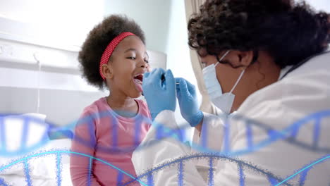 Animation-of-dna-strands-over-african-american-female-doctor-taking-swab-test-from-girl-patient
