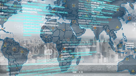 Animation-Der-Datenverarbeitung-über-Weltkarte-Und-Stadtbild
