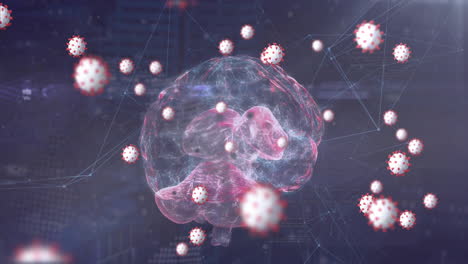 Animation-Von-Viruszellen-Und-Globus-über-Einem-Sich-Drehenden-Gehirn