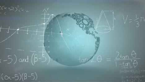 Animation-of-mathematical-equations-over-globe-with-cogs-on-grey-background