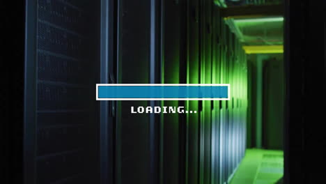 Animation-of-loading-text-and-time-bar-over-dark-server-room