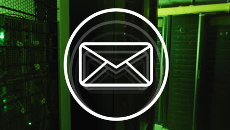 Animation-of-envelope-email-icon-over-dark-computer-server-room