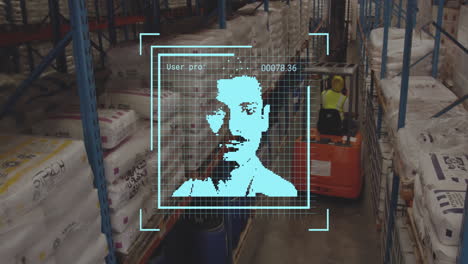 Animation-of-data-processing-with-portraits-over-worker-using-lift-truck-in-warehouse