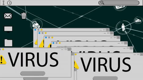 Animation-of-virus-text,-network-of-connections-with-icons-and-data-processing