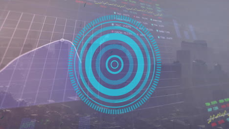 Animation-of-blue-circular-scanner-over-financial-data-processing-and-cityscape