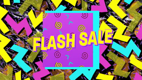 Animation-of-flash-sale-text-yellow,-blue-and-pink-shapes-on-scratch-background