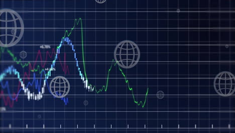 Animation-Der-Verarbeitung-Finanzieller-Daten-über-Globen-Auf-Dunklem-Hintergrund