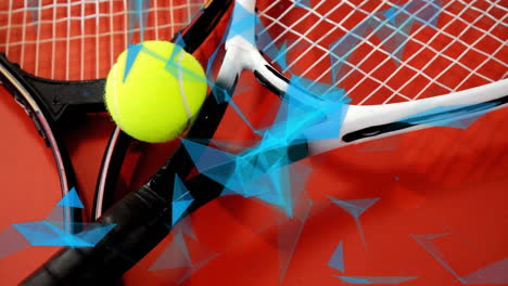 Animation-Eines-Netzwerks-Von-Verbindungen-über-Tennisschlägern-Und-Bällen-Auf-Orangefarbenem-Hintergrund