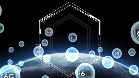 Animation-of-hexagonal-scanner-frame-and-6g-icons-over-globe-rotating-in-space