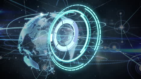 Animation-Der-Kreisförmigen-Scannerverarbeitung-über-Globus-Und-Netzwerken-Auf-Schwarzem-Hintergrund