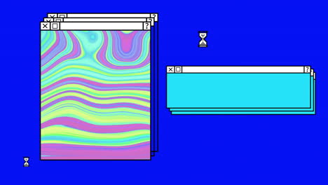 Animation-of-window-with-pink-and-green-abstract-swirl-on-blue-desktop