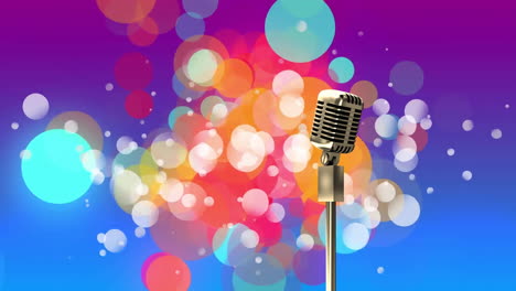 Animation-of-microphone-over-colourful-spots-on-blue-background