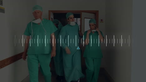 Animation-of-diagram-moving-over-caucasian-surgeons-walking-in-hospital