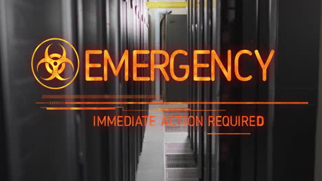 Animation-of-emergency-text-and-digital-data-processing-over-computer-servers