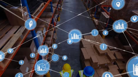 Animation-of-network-of-locator-and-data-icons-over-diverse-workers-at-goods-warehouse