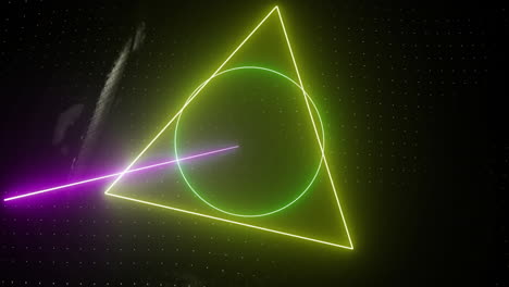 Animation-of-colourful-circle,-triangle-and-square-scanning-tennis-ball-bouncing-off-racket-on-black