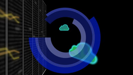 Animación-De-Iconos-De-Nubes-Verdes-Y-Anillo-De-Carga-De-Datos-Azul-Con-Red-De-Transferencia-De-Datos-En-Negro