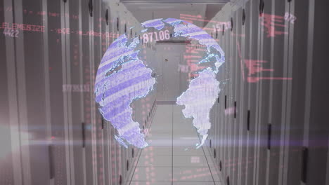 Animation-of-rotating-globe-and-processing-data-over-server-room