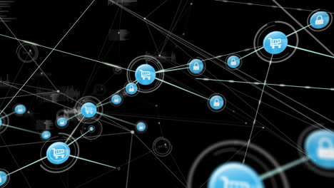 Animation-of-network-of-connections-with-icons-over-black-background