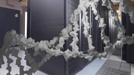 Animation-of-white,-textured-dna-strand-moving-over-computer-server-room