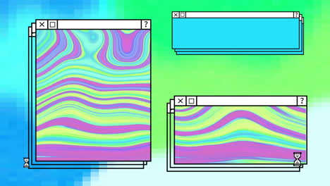 Animation-of-windows-with-pink-and-green-abstract-swirl-on-green-and-blue-desktop