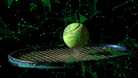 Animation-of-network-of-connections-over-tennis-racket-and-ball-on-black-background