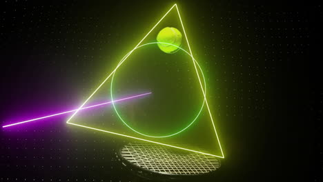 Animation-Eines-Bunten-Kreises,-Dreiecks-Und-Quadrats,-Das-Tennisball-Und-Schläger-Auf-Schwarz-Scannt