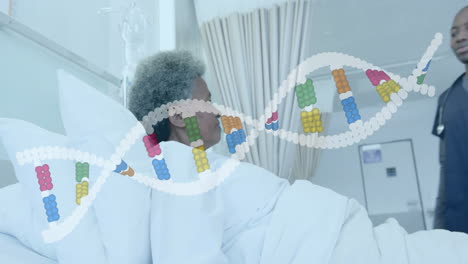 Animation-of-dna-strand-over-happy-african-american-male-doctor-and-senior-female-patient