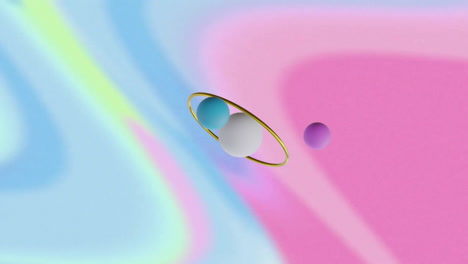 Animation-of-rotating-metallic-ring-with-spheres-over-abstract-pastel-swirl-background