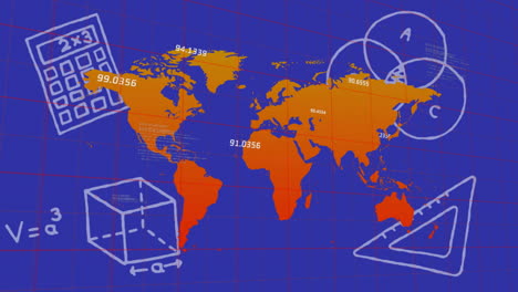 Animation-Der-Mathematischen-Datenverarbeitung-Und-Weltkarte-Auf-Blauem-Hintergrund