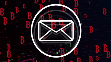 Animation-Von-Bitcoin-Symbolen,-E-Mail-Umschlag-Und-Datenverarbeitung-Auf-Schwarzem-Hintergrund