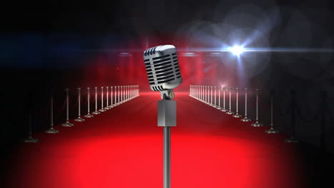 Animation-of-microphone-and-light-trails-over-red-carpet-on-black-background