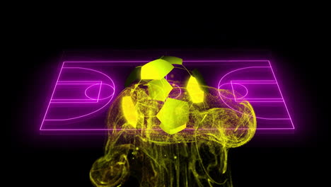 Animation-of-network-of-yellow-particles-and-football-over-purple-neon-basketball-court-on-black