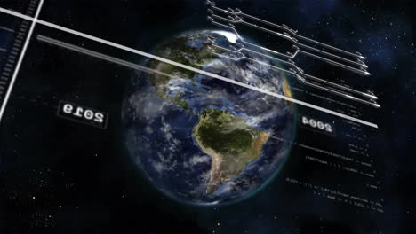 Animation-Eines-Schnittstellenbildschirms,-Der-Daten-über-Einem-Im-Weltraum-Rotierenden-Globus-Verarbeitet