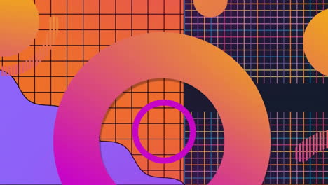 Animation-Lebendiger-Kreise-über-Einem-Muster-Auf-Orangefarbenem-Und-Schwarzem-Hintergrund