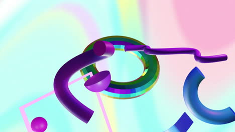 Animation-Eines-Rotierenden-Metallrings-Mit-Violetten-Stäben-Und-Kugeln-Auf-Abstraktem-Pastellfarbenem-Hintergrund