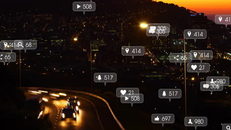 Animation-of-social-media-icons-with-growing-numbers-over-cars-on-street