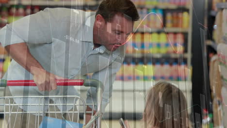 Animation-of-financial-data-processing-over-caucasian-father-with-daughter-grocery-shopping