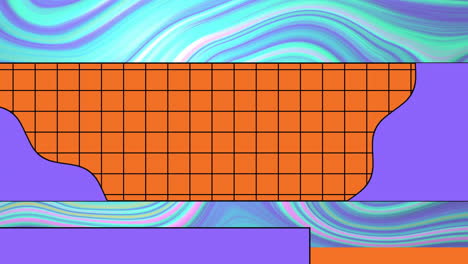 Animation-of-orange-grid-banner-over-purple-and-green-abstract-swirl-with-purple-tool-bar