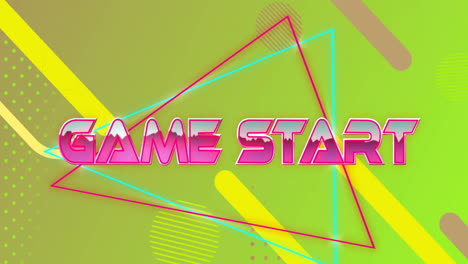 Animation-Des-Spielstarttextes-In-Rosa-Metallic-Buchstaben-über-Abstrakten-Formen-Auf-Gelbem-Hintergrund