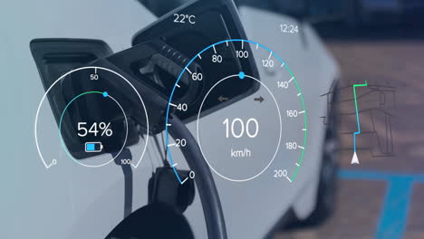 Animation-of-charge-and-speedometer-dials-over-electric-car-at-charging-port