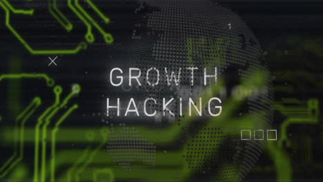 Animation-of-growth-hacking-text-over-motherboard-and-processing-data-on-black