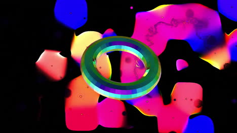 Animation-of-rotating-metallic-ring-over-brightly-coloured-abstract-shapes-on-black-background