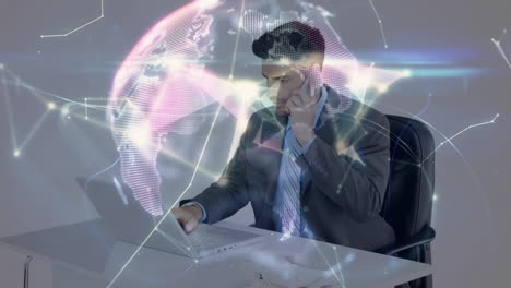 Animation-of-network-of-connections-over-globe-and-caucasian-businessman-using-computer