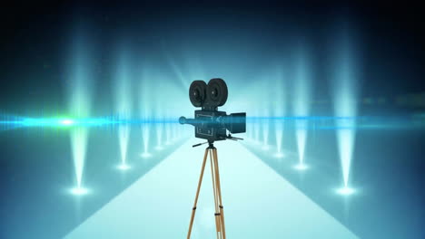 Animation-of-movie-camera-and-spot-lights-on-blue-background