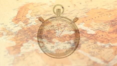 Animation-Einer-Laufenden-Stoppuhr-über-Einem-Kompass-Auf-Einer-Weltkarte