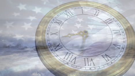 Animation-of-fast-moving-hands-on-clock-over-american-flag-and-ocean