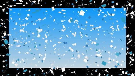 Animation-of-blue-and-white-confetti-falling-against-blue-background-with-black-border