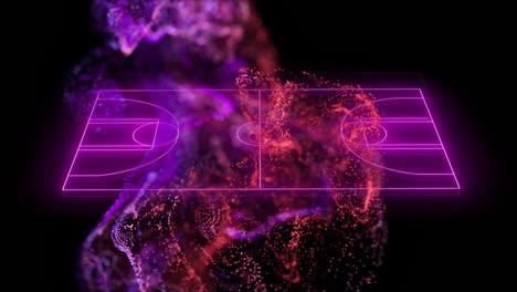 Animation-Eines-Roten-Und-Violetten-Partikelnetzwerks-über-Einem-Rosa-Neon-Basketballplatz-Auf-Schwarzem-Hintergrund